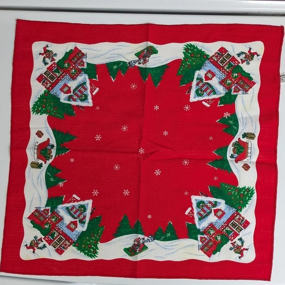 Vintage Sunweave Linen Christmas Boy Delivering Presents Cloth Napkins 5